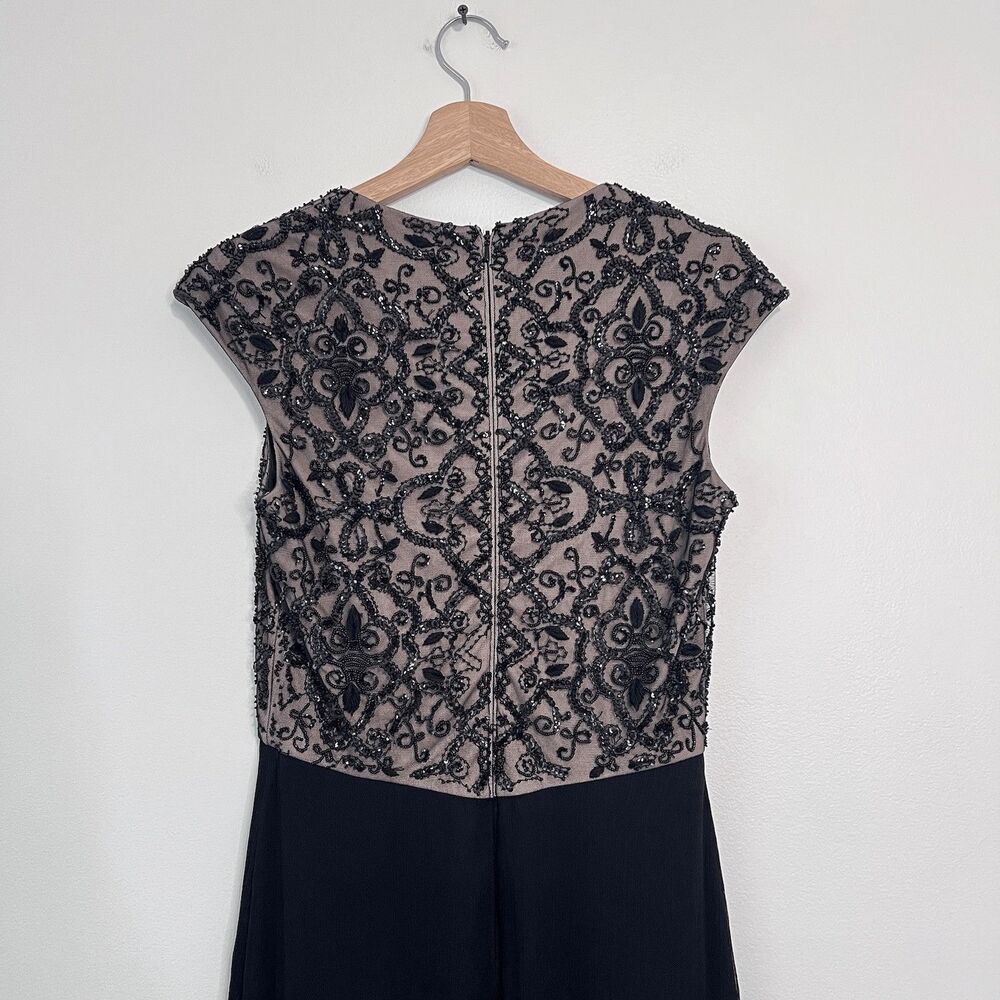 Tadashi Collection Black Nude Beaded Silk Chiffon Evening Maxi Gown Dress Size 8 - Picture 7 of 13